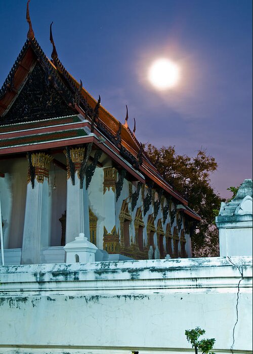 Ancient Greeting Card featuring the photograph A tempel in a wat during a full moon night by U Schade