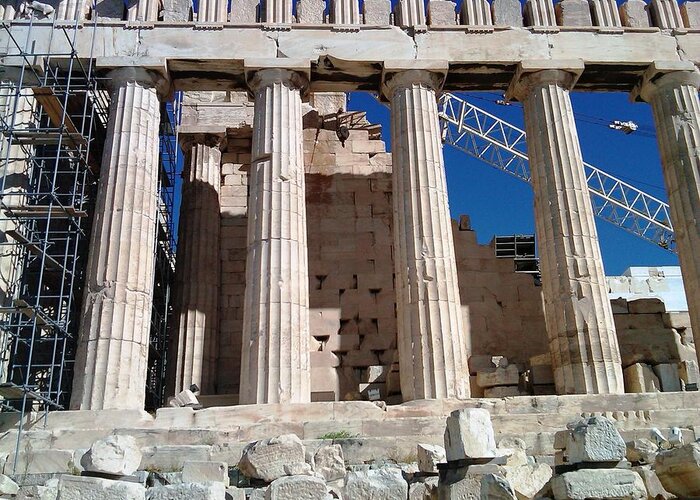 Athens Greeting Card featuring the photograph Acropolis Parthenon Palace III Giant Architectural Columns During Rehabilitation Athens Greece by John Shiron