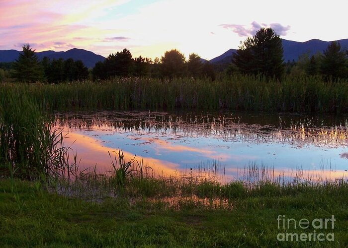 Sunset Greeting Card featuring the photograph Adirondack Reflection 1 by Peggy Miller