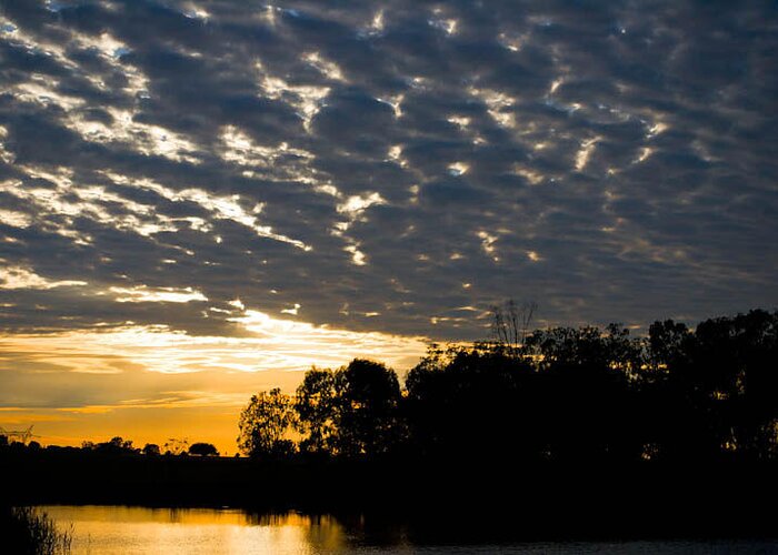 Landscape Picture Of A Sunrise. Infront Is A Dam With Tress In Background. Scattered Cloud Cover Is Showing Above. Greeting Card featuring the photograph African Sunrise 3 by Joris Shaw