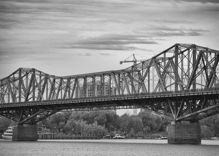 Bridge Metal Metalworks B&w Ottawa Gatineau River ottawa River Alexandra alexandra Bridge Crane Greeting Card featuring the photograph Alexandra Bridge by Eunice Gibb