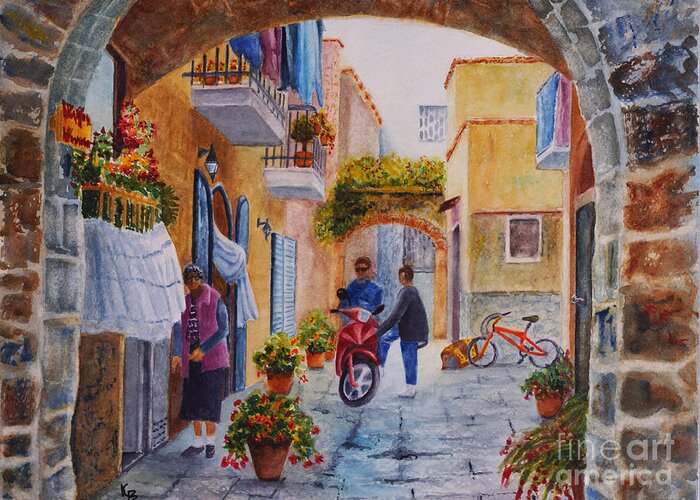 Arch Greeting Card featuring the painting Alley Chat by Karen Fleschler