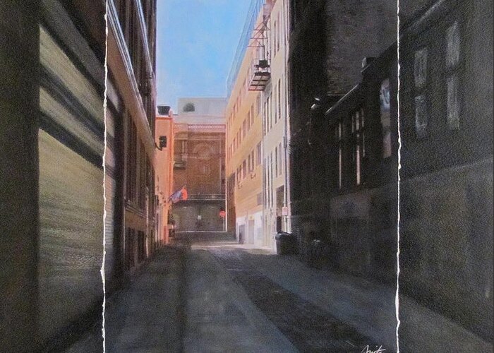 Alley Greeting Card featuring the mixed media Alley Front Street layered by Anita Burgermeister