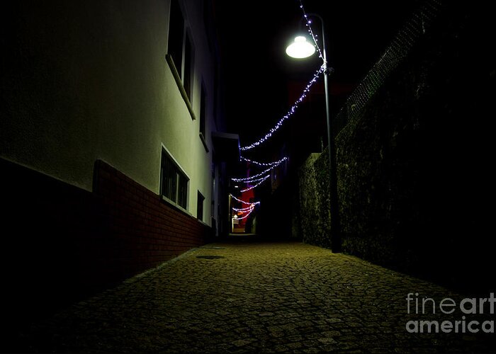Alley Greeting Card featuring the photograph Alley with lights by Mats Silvan