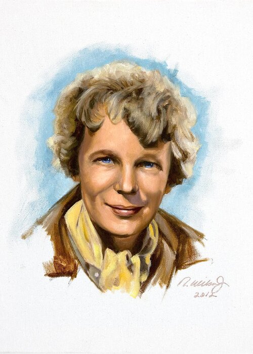 Aviatrix Greeting Card featuring the painting Amelia Earhart by Karen Wilson