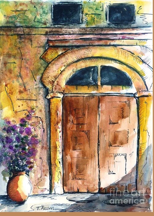 Ancient Greeting Card featuring the painting Ancient Door of Greece by Therese Alcorn