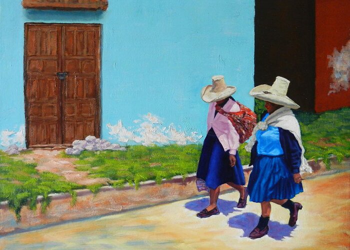 Figures Greeting Card featuring the painting Andean ladies, Peru Impression by Ningning Li