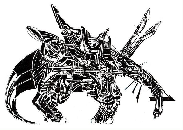 Biomechanical Biology Ampersand Organic Lines Drawing Black-and-white Tail Head Hooves Anteater Toenails Throne Chair Seat Treble Clef Conveyance Mechanistic Mechanical Geometry Artdeco Dark Crystal Greeting Card featuring the drawing Anteater Throne by Power City Images