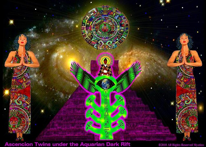 2012 Mayan Calendar Greeting Card featuring the mixed media Ascencion Twins under the Aquarian Dark Rift by Myztico Campo