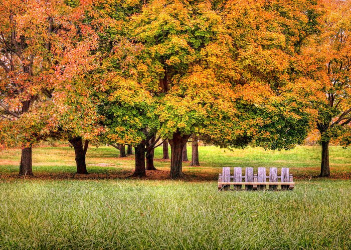 Autumn Greeting Card featuring the photograph Autumn And A Bench by Pat Abbott