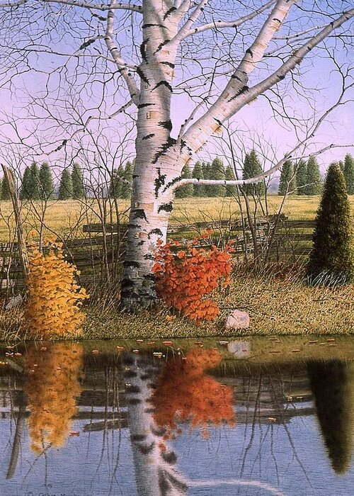 Landscape Greeting Card featuring the painting Autumn Birch at the Pond by Conrad Mieschke