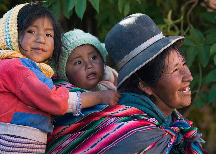 Women Greeting Card featuring the photograph Aymara women with their children. Republic of Bolivia. by Eric Bauer