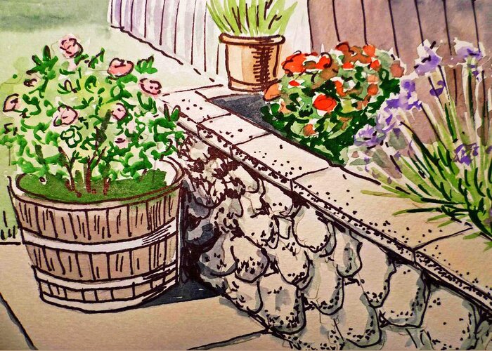 Flower Pot Greeting Card featuring the painting Backyard Sketchbook Project Down My Street by Irina Sztukowski