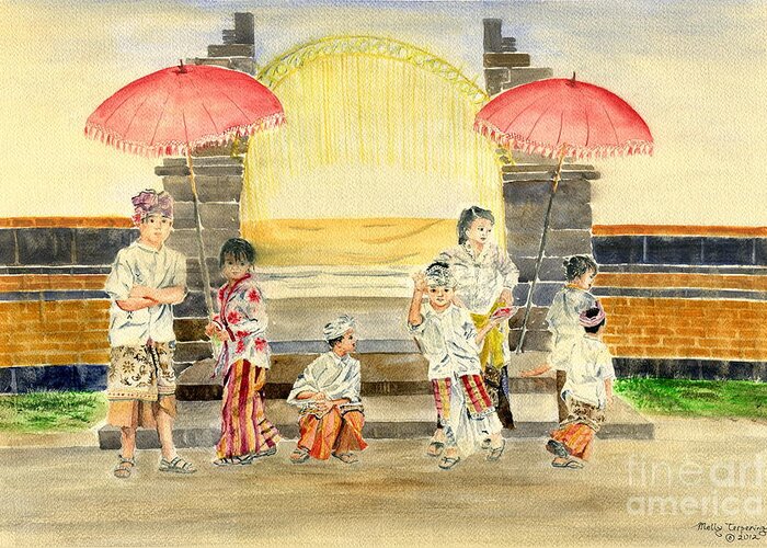 Balinese Children Greeting Card featuring the painting Balinese Children in Traditional Clothing by Melly Terpening