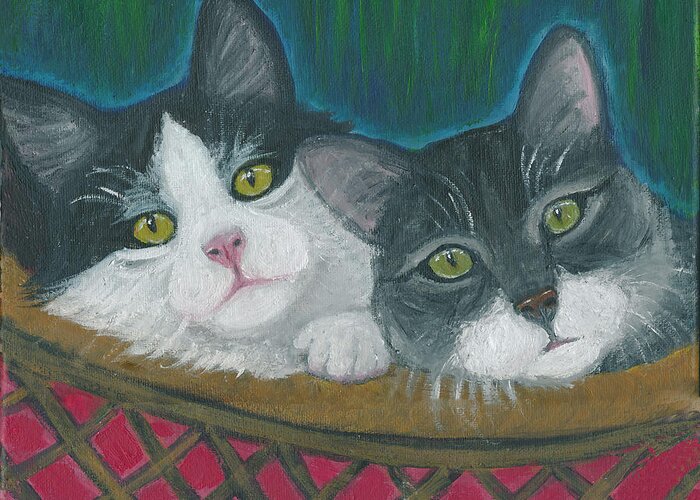 Cat Greeting Card featuring the painting Basket of Kitties by Ania M Milo