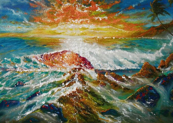 Hawaii Greeting Card featuring the painting Beautiful Hawaii Seascape Sunset by Leland Castro