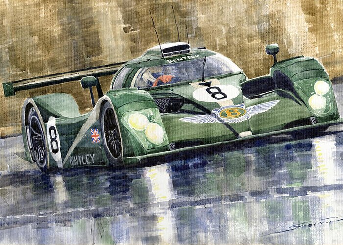 Watercolor Greeting Card featuring the painting Bentley Prototype EXP Speed 8 Le Mans racer car 2001 by Yuriy Shevchuk