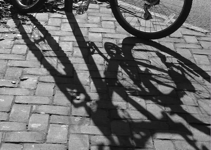 Black And White Greeting Card featuring the photograph Bicycle Shadows in black and white by Suzanne Gaff