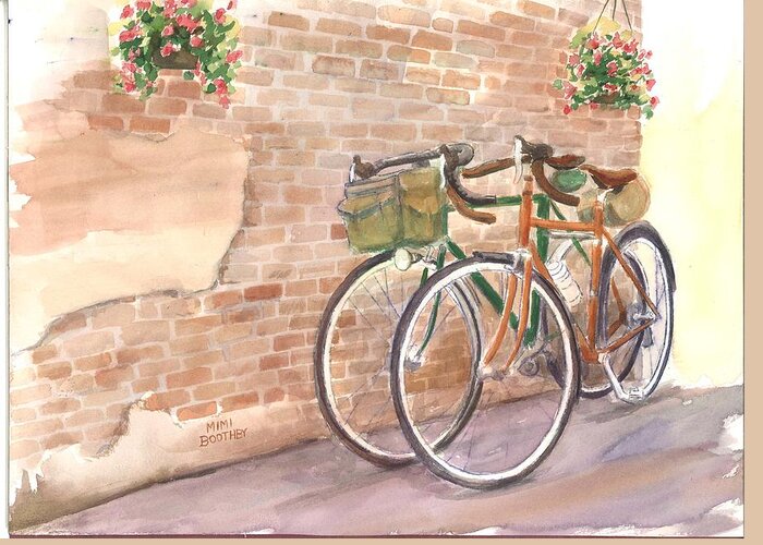  Bicycles Greeting Card featuring the painting Bike Date Two by Mimi Boothby
