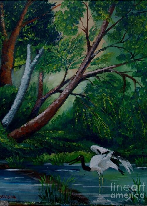 Jaribu Bird Of Costa Rica Greeting Card featuring the painting Bird in the swamp by Jean Pierre Bergoeing