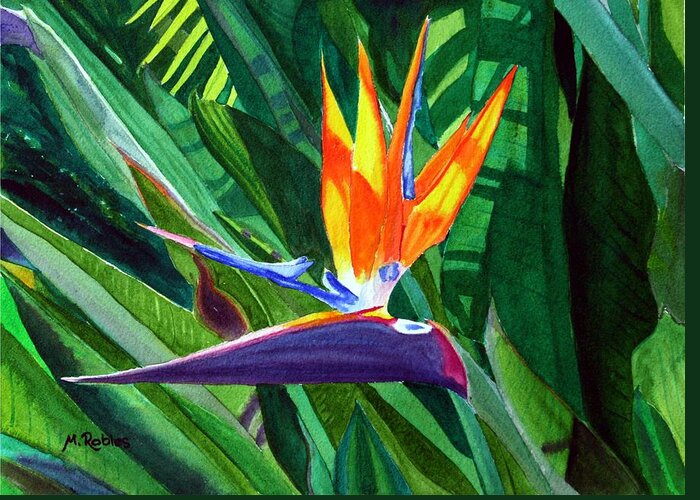 Flower Greeting Card featuring the painting Bird-of-Paradise by Mike Robles
