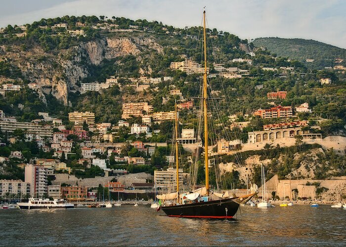 French Riviera. Villafranche Greeting Card featuring the photograph Black Sailboat by Steven Sparks