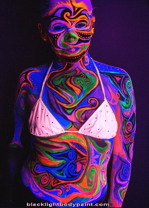 Blacklight Greeting Card featuring the photograph Blacklight Bodypaint Body Art Swimsuit Body Painting by Hilary Leigh