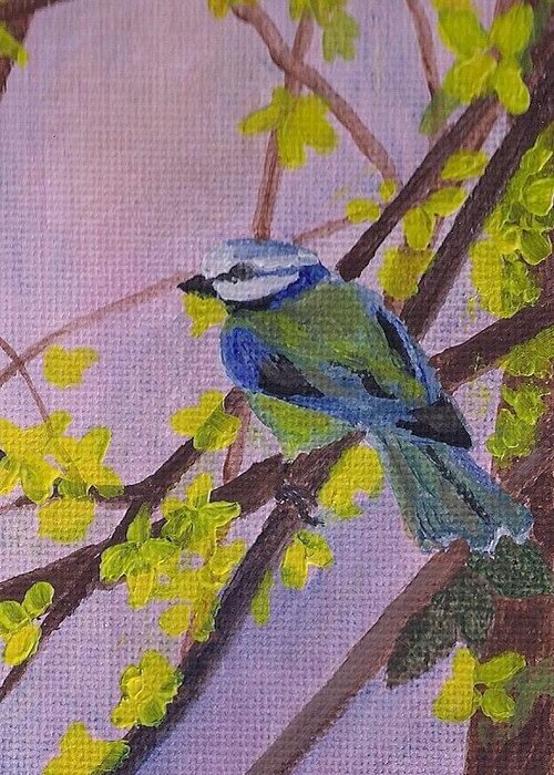 Blue Bird On A Tree Branch Greeting Card featuring the painting Blue Bird by Christy Saunders Church