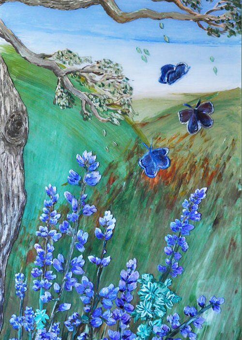 Landscape Greeting Card featuring the painting Blue Butterflies by Shelley Myers