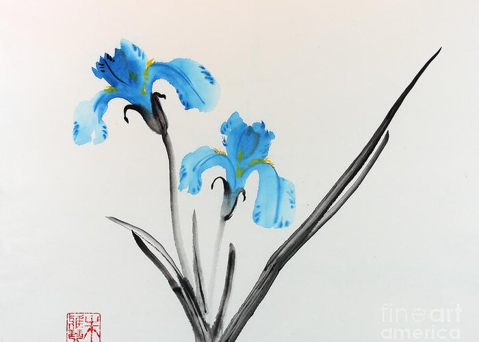 Blue Flower Greeting Card featuring the painting Blue iris I by Yolanda Koh