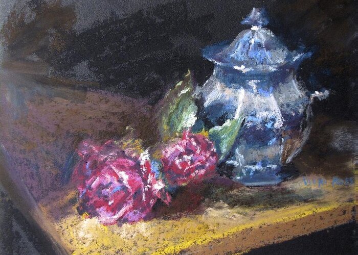 Blue Jug Greeting Card featuring the painting Blue Jug with Roses by Vicki Ross