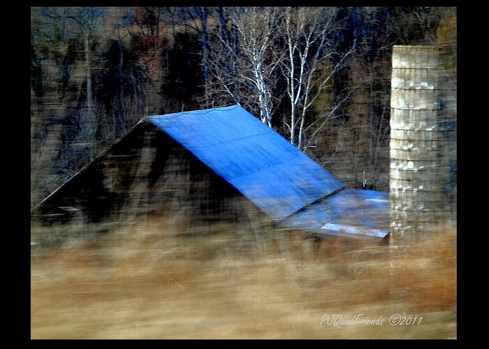 Barn Greeting Card featuring the photograph 'Blue Roof Barn' by PJQandFriends Photography