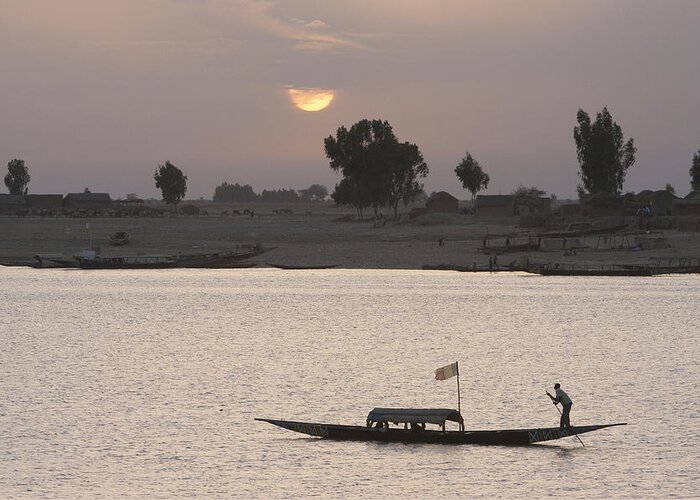 Mali Greeting Card featuring the photograph Boat On The Niger River In Mopti, Mali by Peter Langer