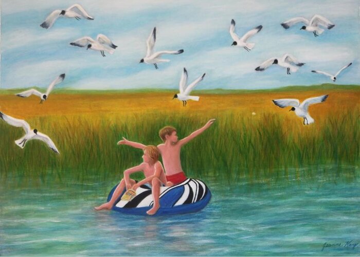 Boys Tubing Greeting Card featuring the painting Boys Sharing with Laughing Gulls by Jeanne Juhos