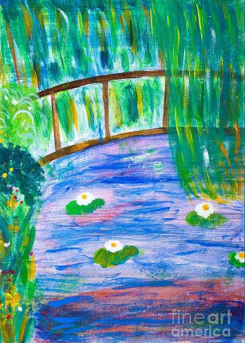 Acrylic Greeting Card featuring the painting Bridge of lily pond by Simon Bratt