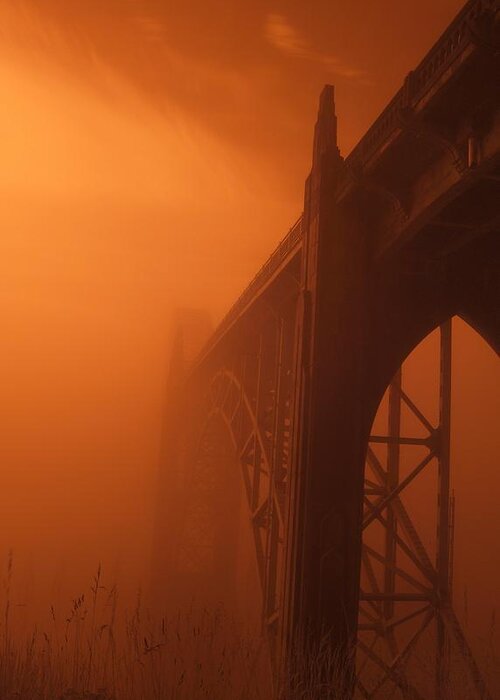Bridge Greeting Card featuring the photograph Bridge to the mist in Red by HW Kateley
