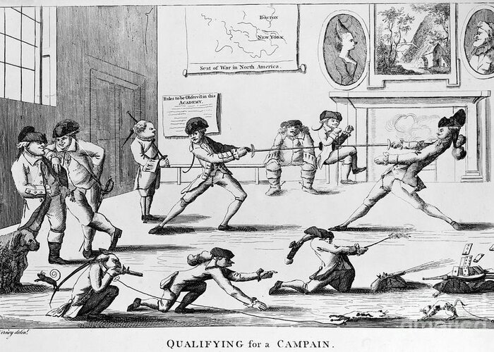 BRITISH OFFICERS: CARTOON. English cartoon satire, 1777, on the want of  training of British officers to prepare them for the American war Greeting  Card by Granger