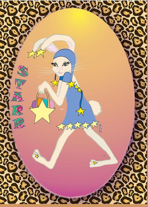 Bunnie Bunny Girl Female Lady Boy Joy Star Sky Ground Clouds Trees Egg Rabbit Hare Hop Blue Red Green Purple Yellow Gold Silver Rose Beige Classy Greeting Card featuring the digital art Bunnie Girls- Starr- 2 Of 4 by Brenda Dulan Moore