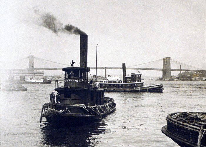 new York Harbor Greeting Card featuring the photograph Busy New York Harbor - Brooklyn Bridge and Williamsburg Brige - c 1905 by International Images