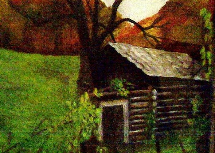 Cabin Greeting Card featuring the painting Cabin by a Hillside by Christy Saunders Church
