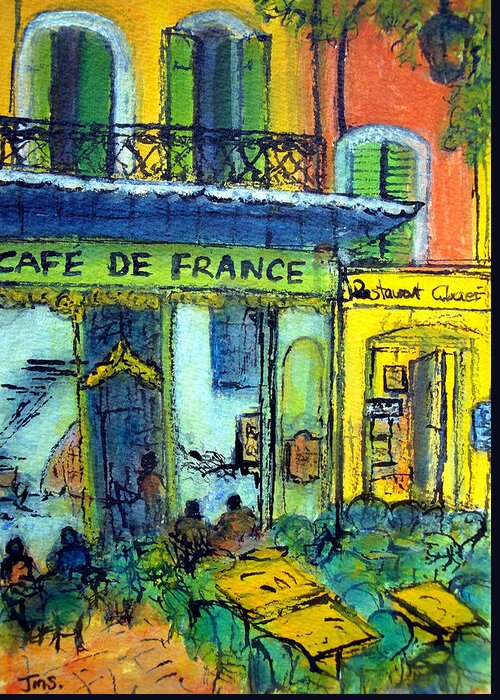 France Greeting Card featuring the painting Cafe de France LIsle sur la Sorge by Jackie Sherwood