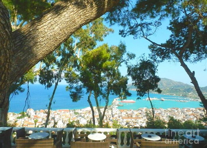 Zakynthos Greeting Card featuring the photograph Cafe Terrace At Bohali Overlooking Zante Town by Ana Maria Edulescu