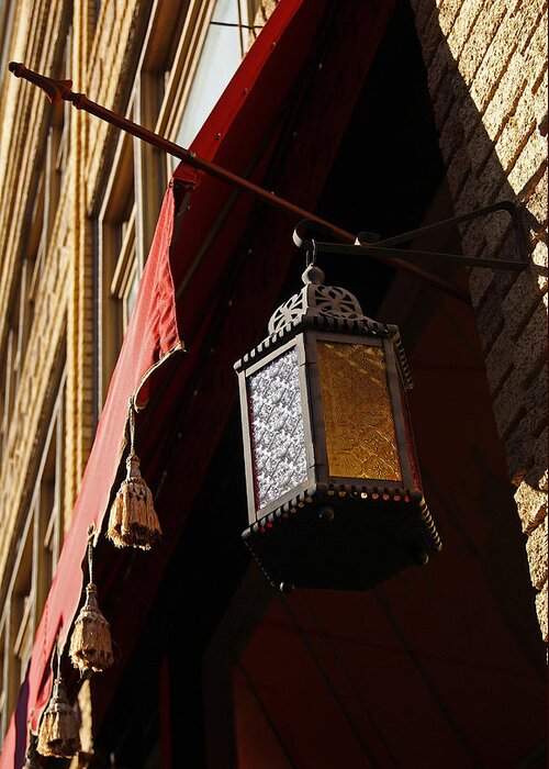 Tassels Greeting Card featuring the photograph Cafe Window Tassels and Lantern by Margie Avellino