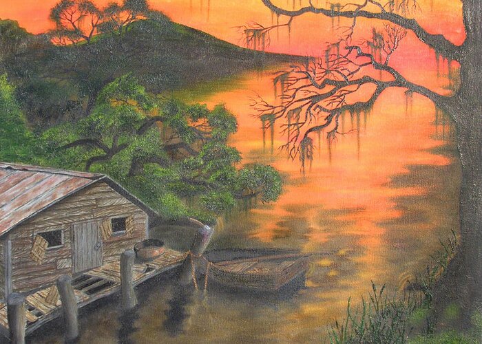 Landscape Greeting Card featuring the painting Cajun Sunset by Aaron Freeman