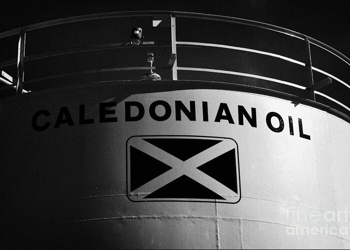 Caledonian Greeting Card featuring the photograph Caledonian Oil Home Heating Oil Storage Container In Oban Scotland by Joe Fox