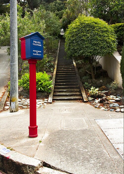 Call Box Greeting Card featuring the photograph Call Box with Stairs by Grant Groberg