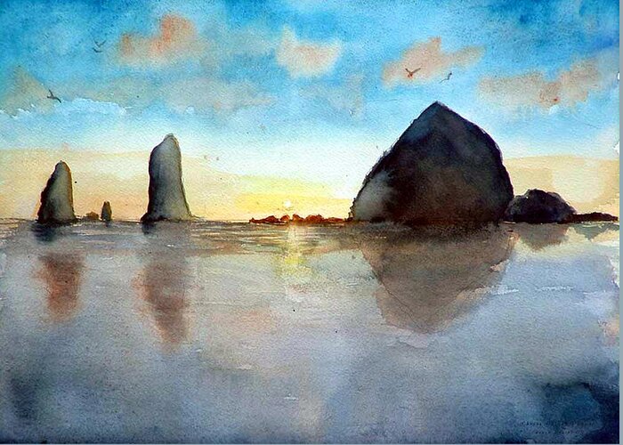 Watercolor Greeting Card featuring the painting Cannon Beach Sunset by Chriss Pagani