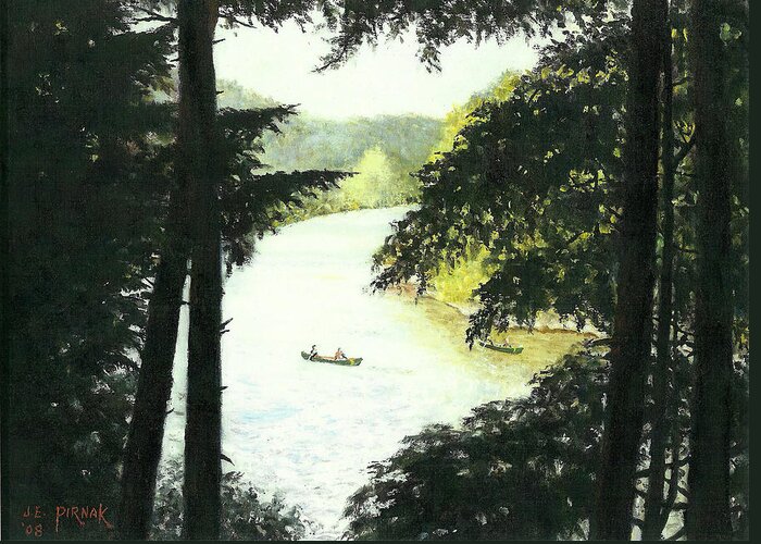 Canoeing Greeting Card featuring the painting Canoeing the Housatonic by John Pirnak