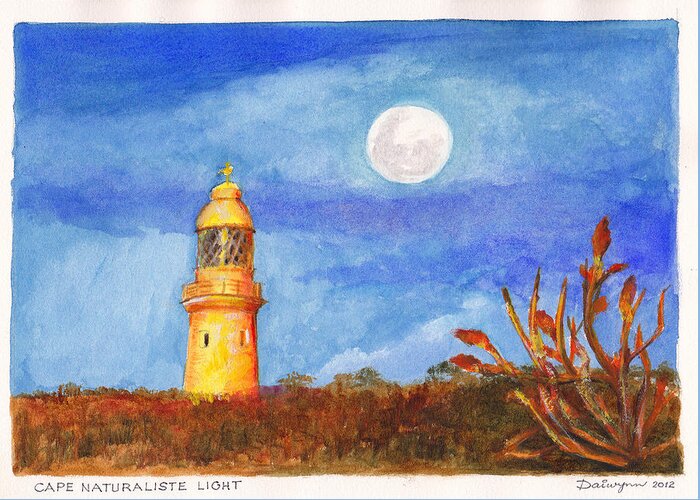 Full Moon Greeting Card featuring the painting Cape Naturaliste Light in the south west corner of Western Australia by Dai Wynn
