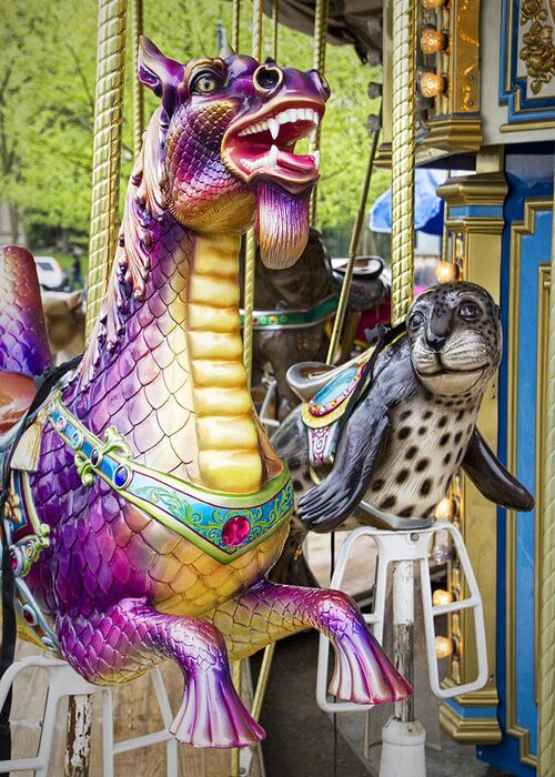 Art Greeting Card featuring the photograph Carousal Dragon and Seal on a Merry-go-round by Randall Nyhof